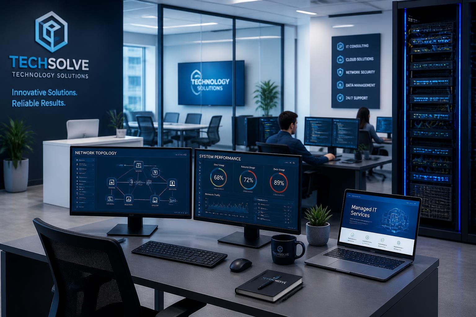 Corporate workspace with computers and networking equipment