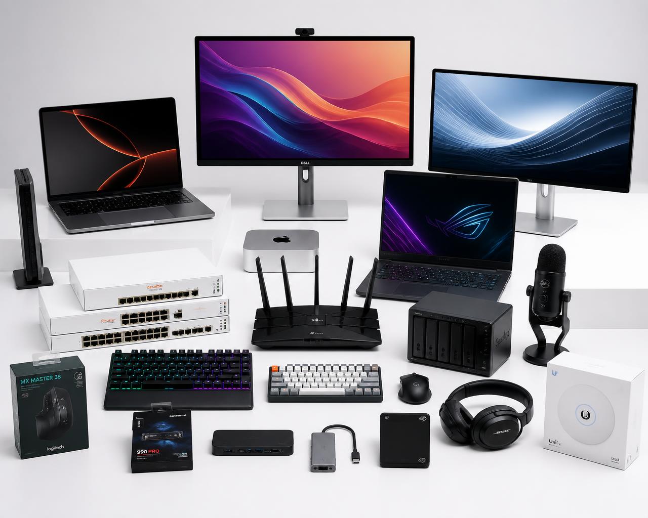 Laptops, keyboards, monitors and networking equipment on a clean display